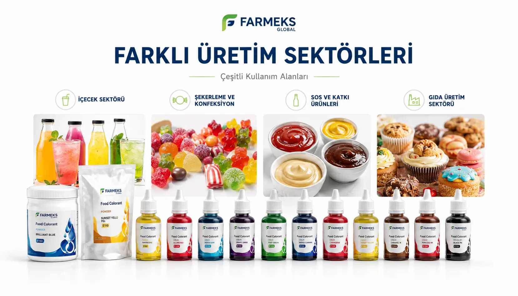 Farklı renk tonlarında gıda renklendirici seçenekleri