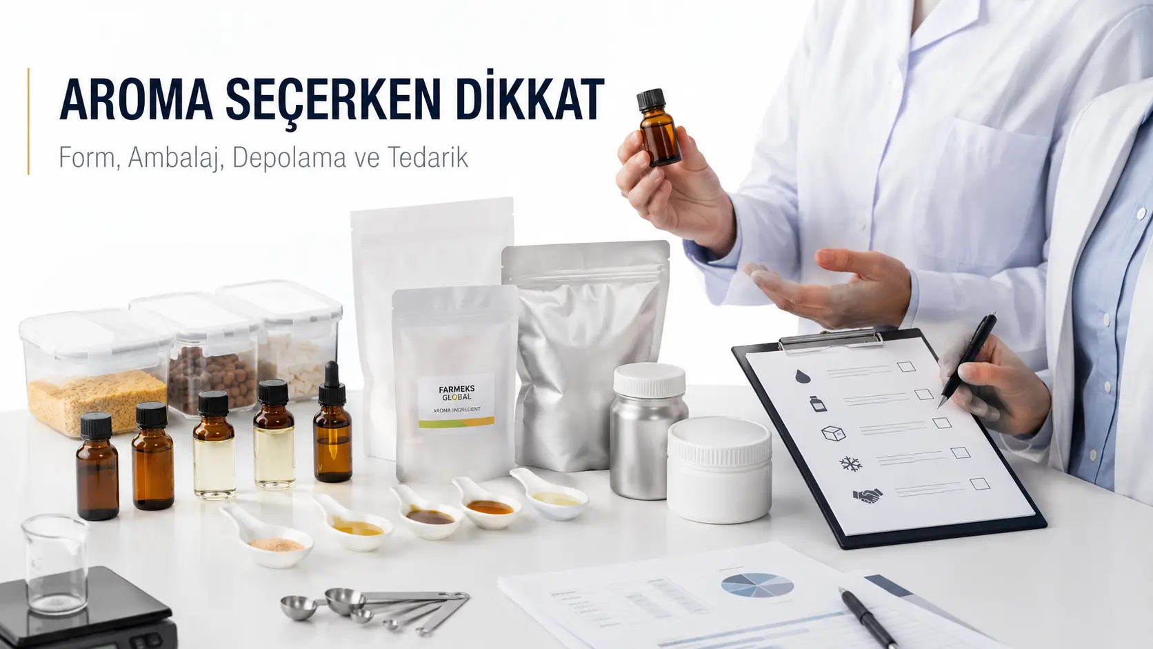 Gıda üreticileri için aroma verici seçim kriterlerini gösteren profesyonel tedarik görseli
