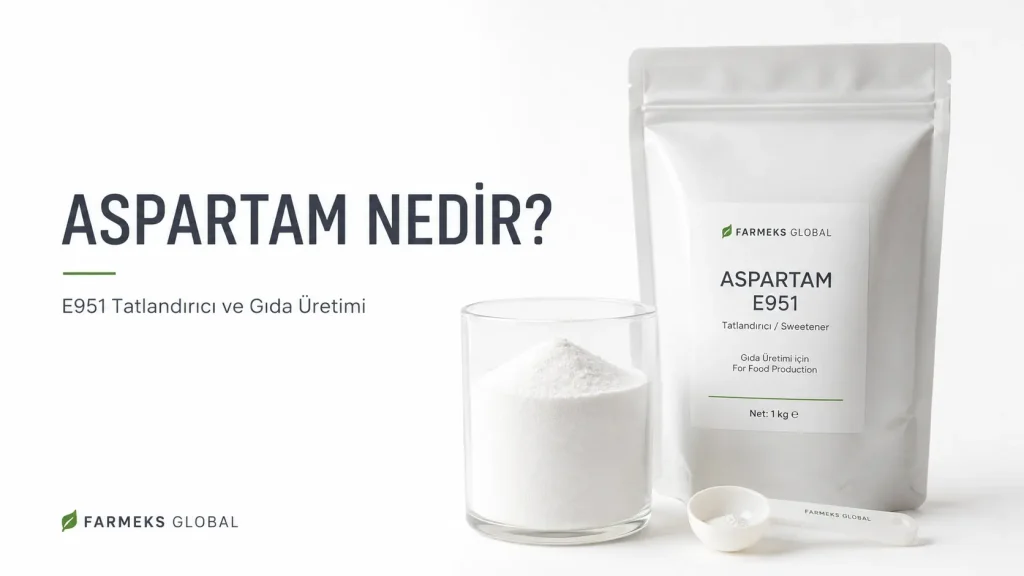 Aspartam nedir sorusu için E951 tatlandırıcı numunesi ve gıda üretimi konsepti