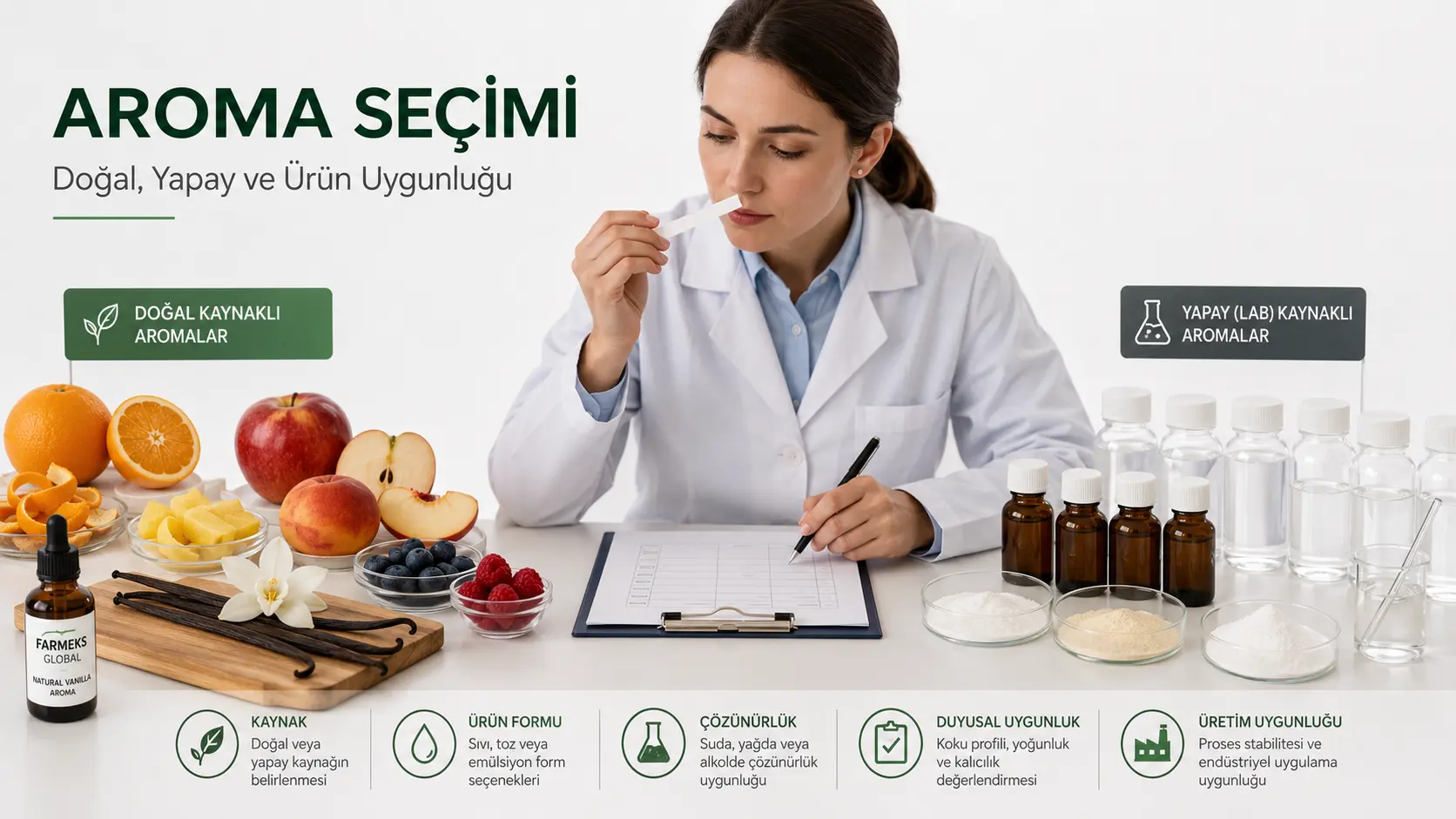 Doğal ve yapay aroma verici seçimini gösteren profesyonel gıda hammaddesi görseli