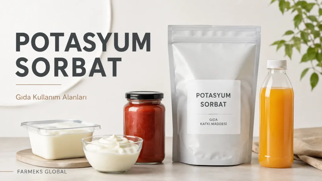 Potasyum sorbatın gıda gruplarında kullanım alanlarını gösteren B2B gıda katkı maddesi görseli.