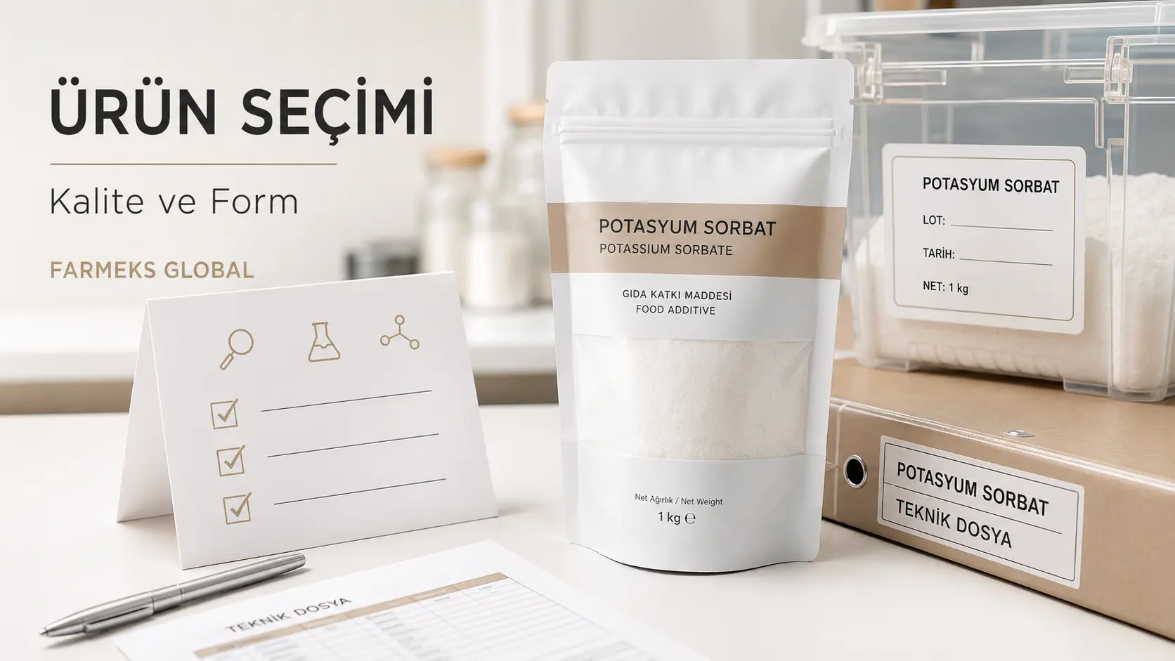 Potasyum sorbat seçiminde kalite, ürün formu, ambalaj ve teknik belge beklentisini gösteren B2B görsel