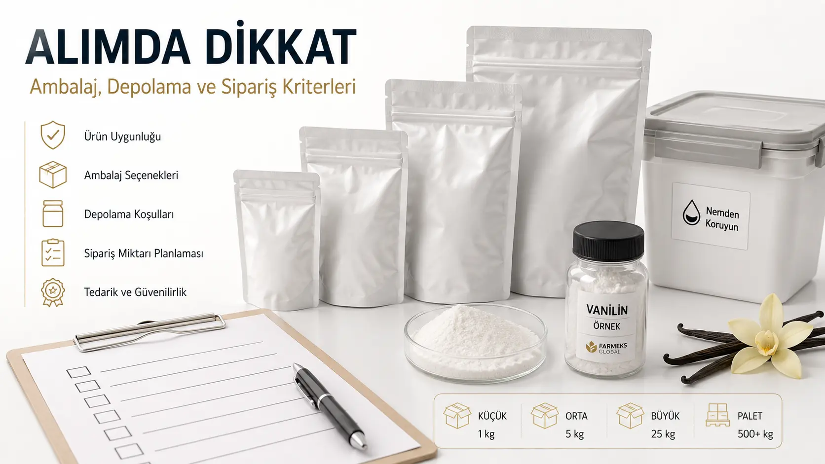 Toptan vanilin alımında kontrol edilmesi gereken ürün ve ambalaj bilgileri